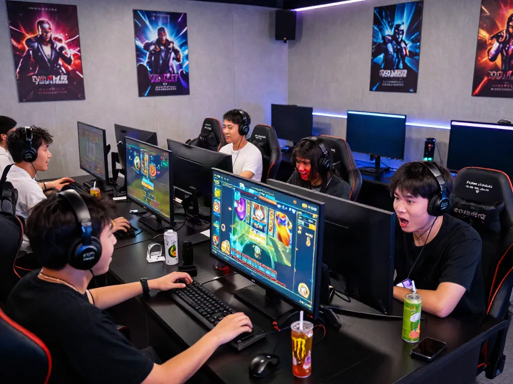 Engaged players immersing in QQMacan's dynamic online slot games in a vibrant gaming room.