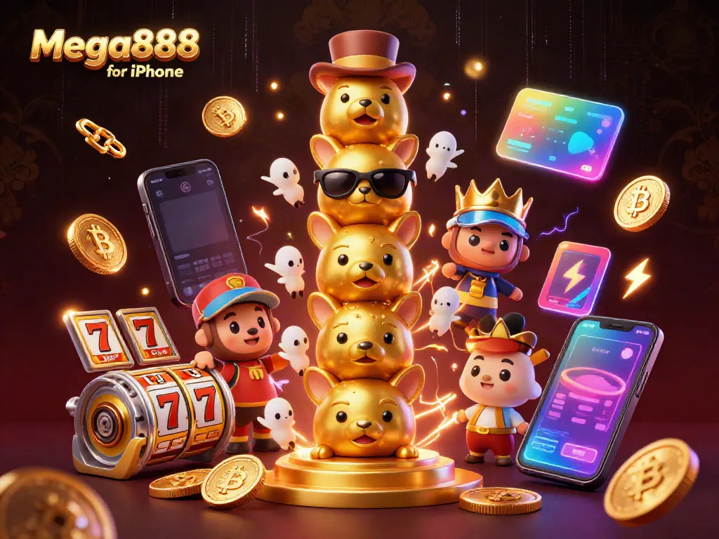 Exciting Mega888 for iPhone illustration featuring themed casino elements and a vibrant totem pole.