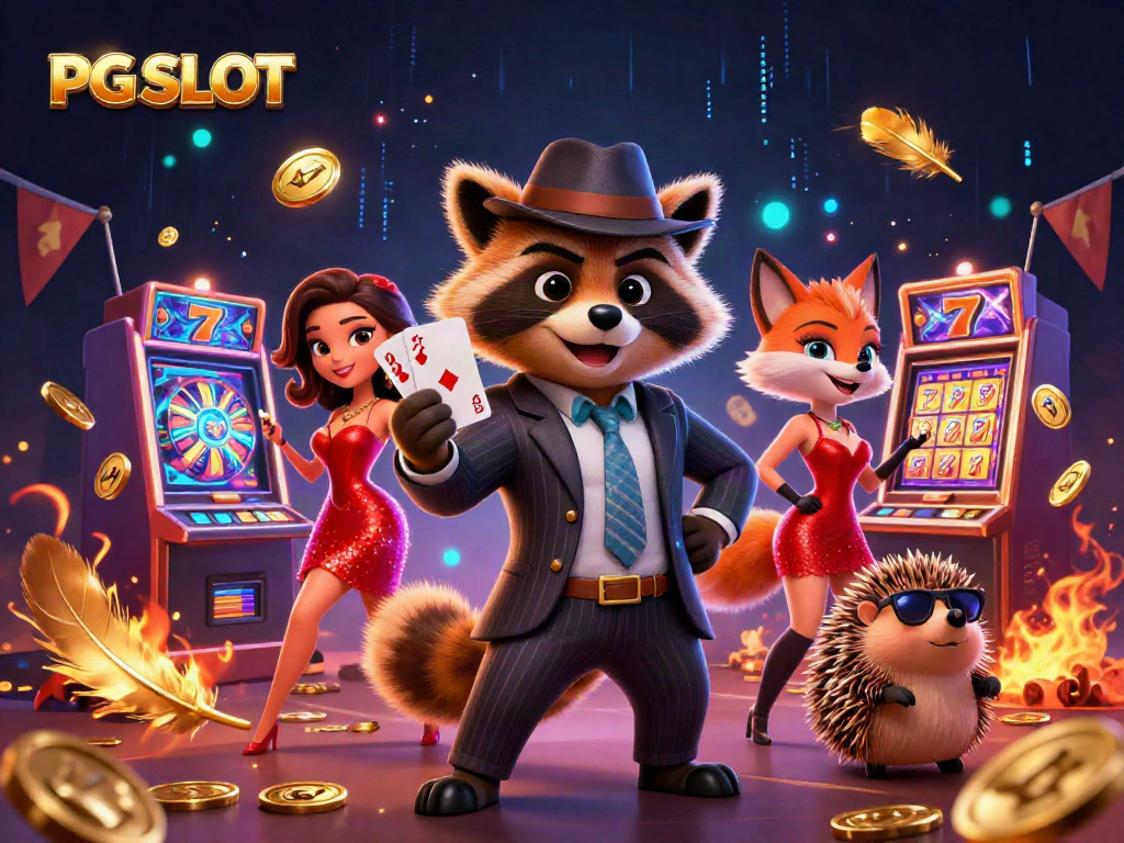 Experience the excitement of PG SLOT with a dynamic 3D illustration of a raccoon, fox, and hedgehog in a casino setting.