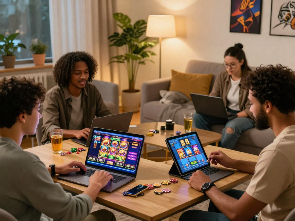 Players enjoying NX303 online slots on multiple devices in a cozy home setting