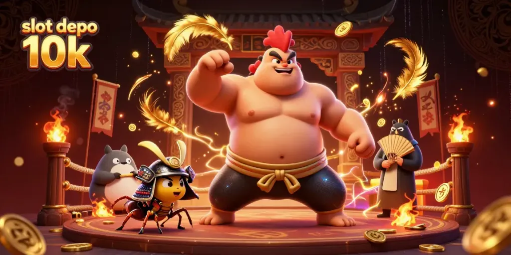 Gambar slot depo 10k dengan karakter sumo, serangga samurai, dan tanuki di arena pertarungan.