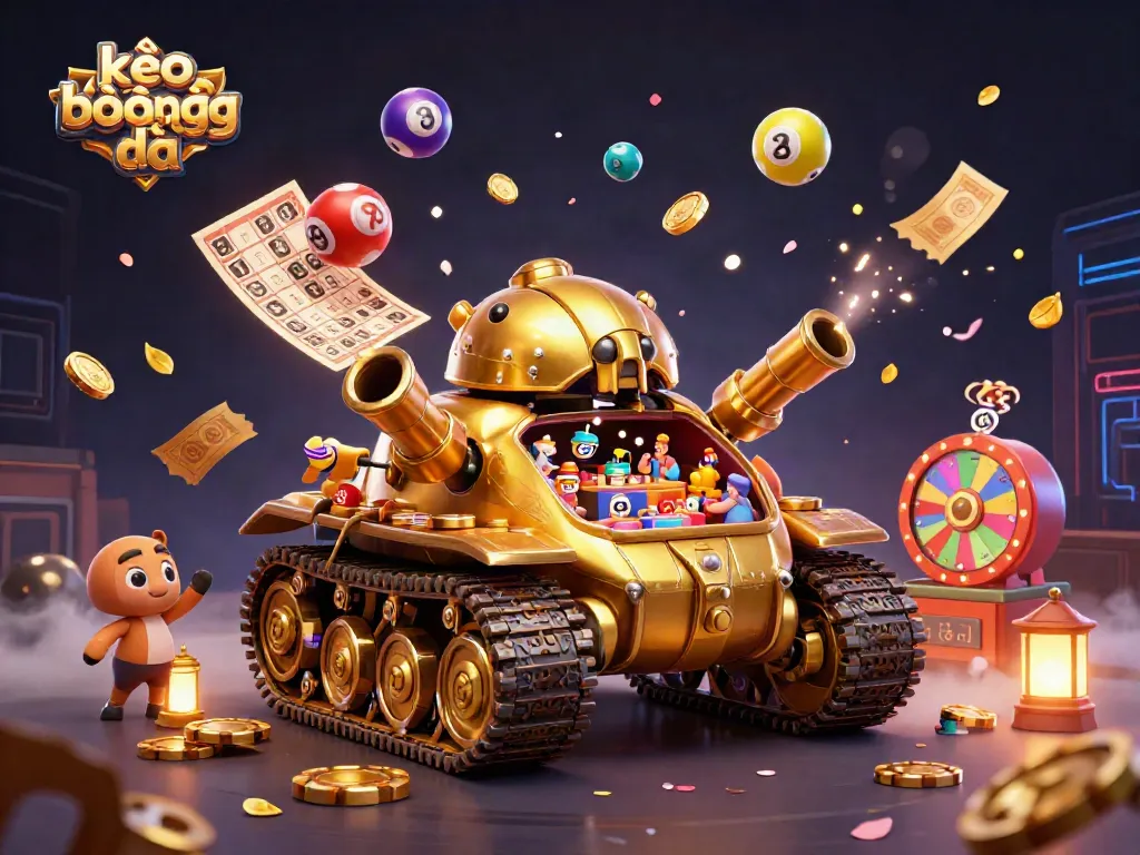 Engage in kèo bóng đá excitement with confetti-blasting golden beetle tank casino illustration.