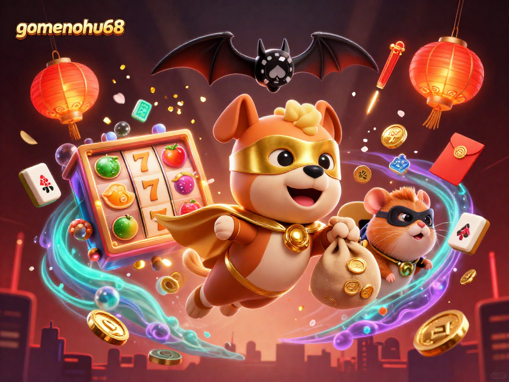 Experience gamenohu68 with a thrilling 3D illustration of a superhero dog and dynamic slot reels in a vibrant casino scene.
