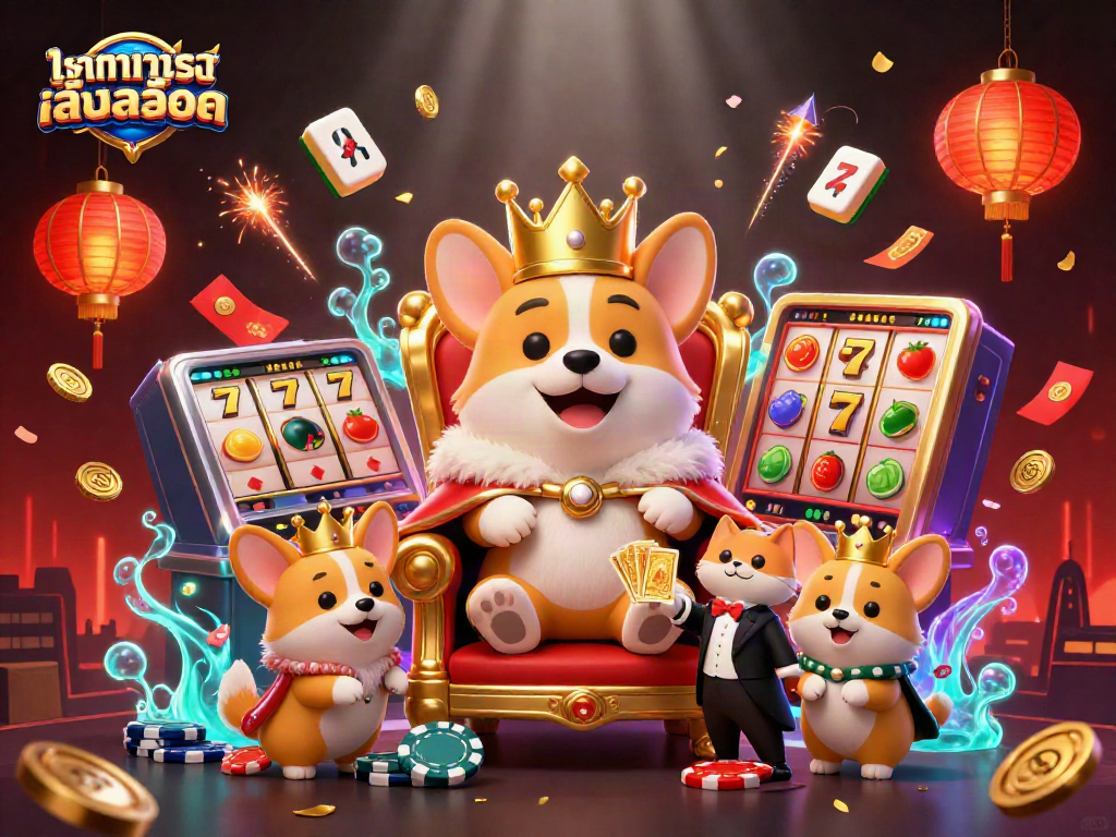 Try ทดลองเล่นสล็อต in this vibrant scene featuring a royal corgi, cat butler, and exciting casino elements.