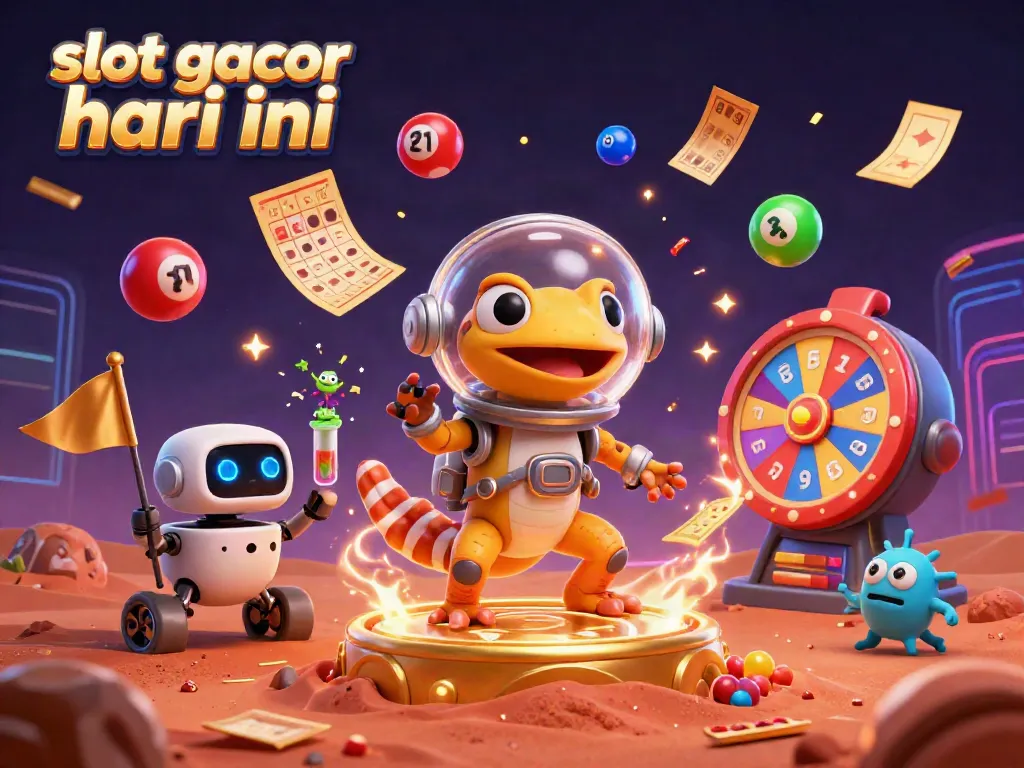 Menangkan slot gacor hari ini dengan ilustrasi Martian gecko dan robot menjelajahi kasino emas.