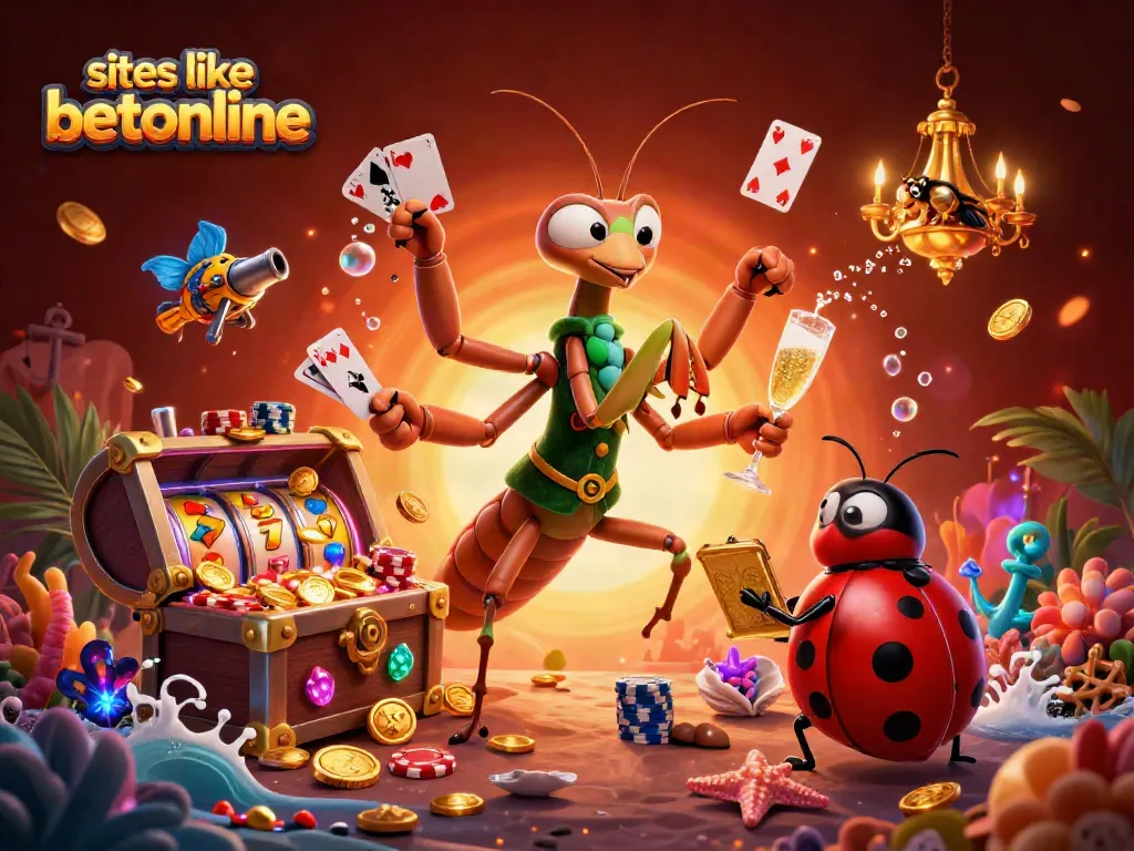 Win big at sites like betonline with this vibrant casino scene featuring a card sharp and ladybug pit boss.