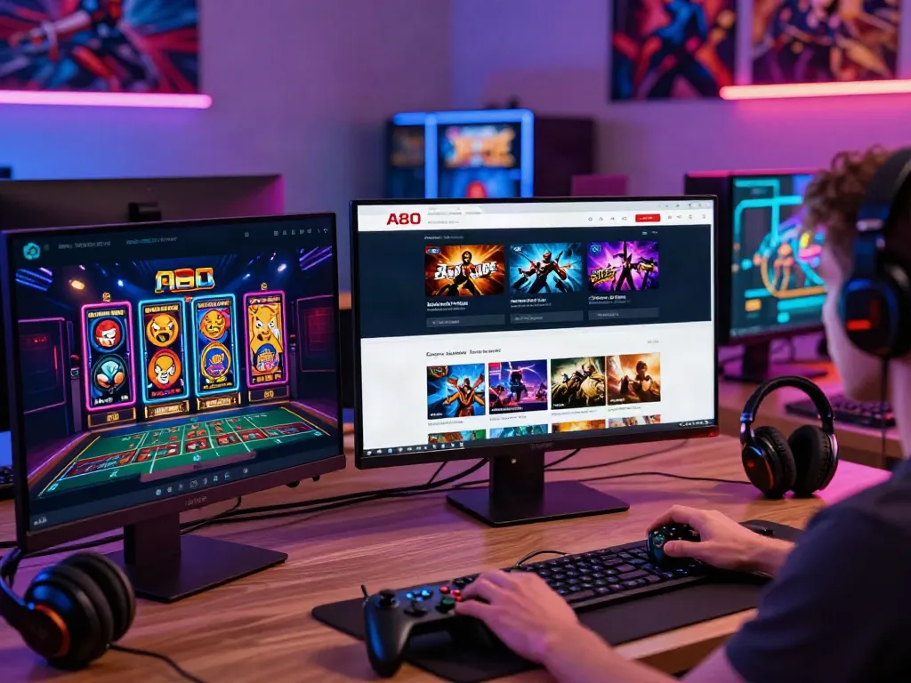 A80 gaming platform interface on a bright desktop with colorful game graphics.