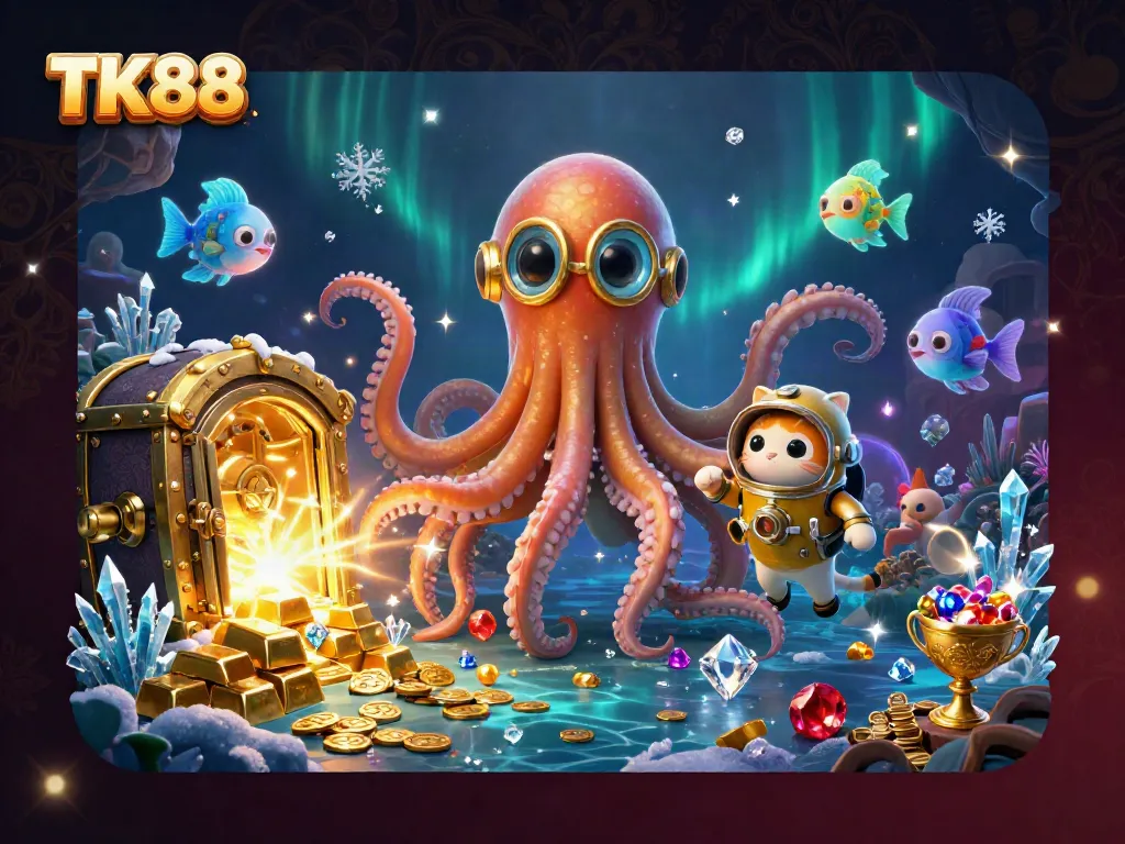 Experience the excitement of TK88 with a colossal kraken and a diving cat amidst treasures.
