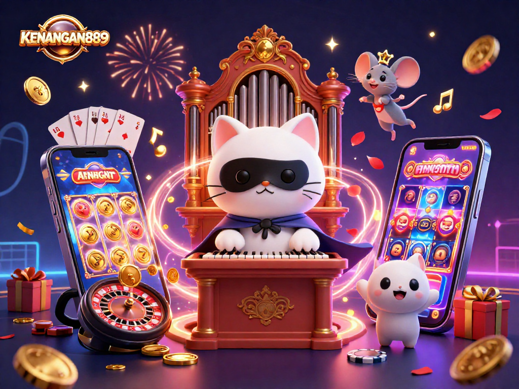Engage in thrilling gameplay at KENANGAN889, showcasing a vibrant casino scene with animated characters.