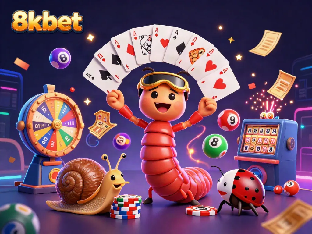 Engaging 3D scene featuring 8xbet characters in a lively casino setting with lottery elements