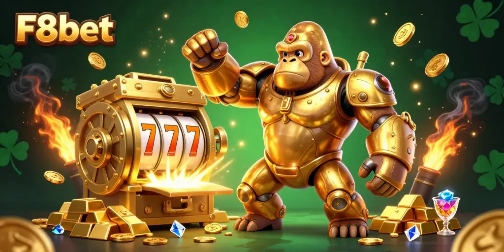 Join the excitement at F8bet with our dynamic gorilla mech illustration, symbolizing thrilling casino action and jackpots.