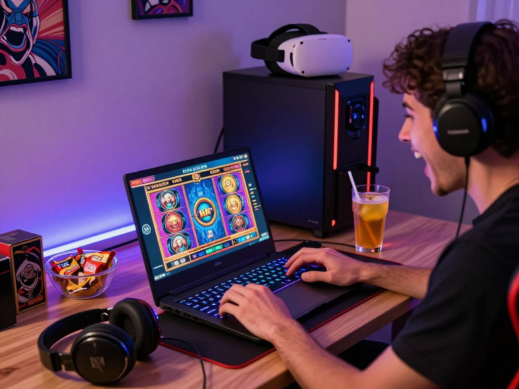 Pengguna coloksgp bermain slot online dengan semangat, dikelilingi perlengkapan gaming modern.