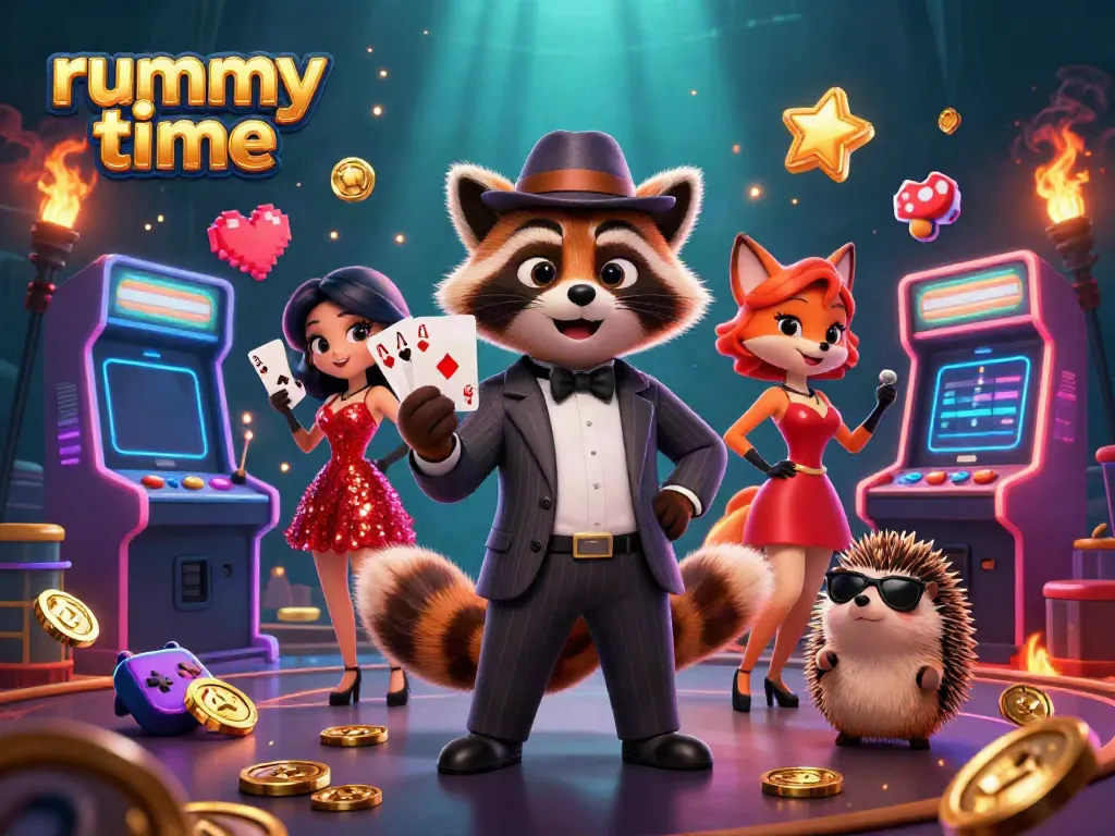Join the rummy time excitement with colorful characters in an engaging casino setting.
