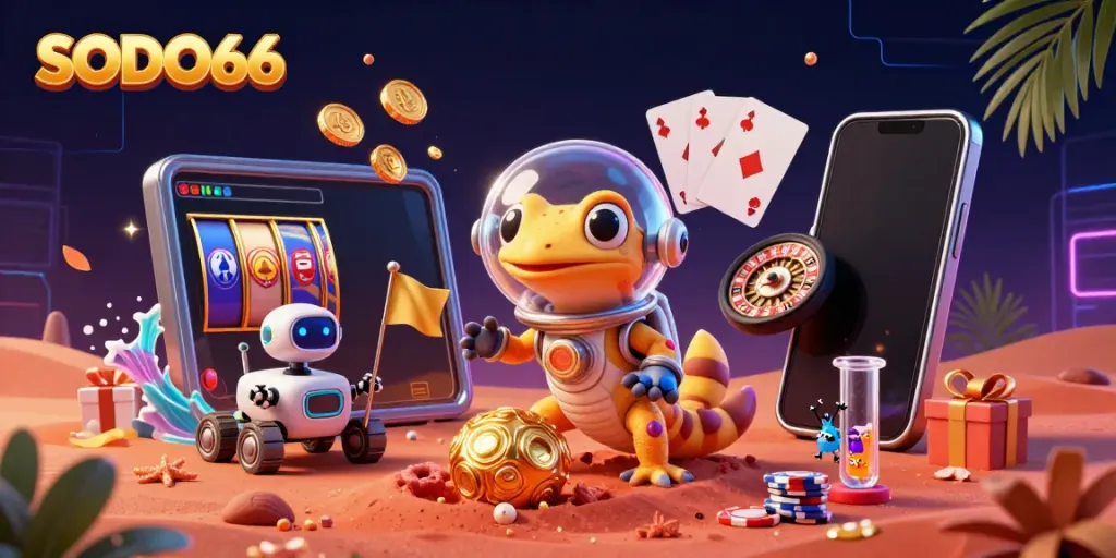 SODO66 showcases a Martian gecko and robot celebrating a casino discovery on Mars, symbolizing unique gambling adventures.