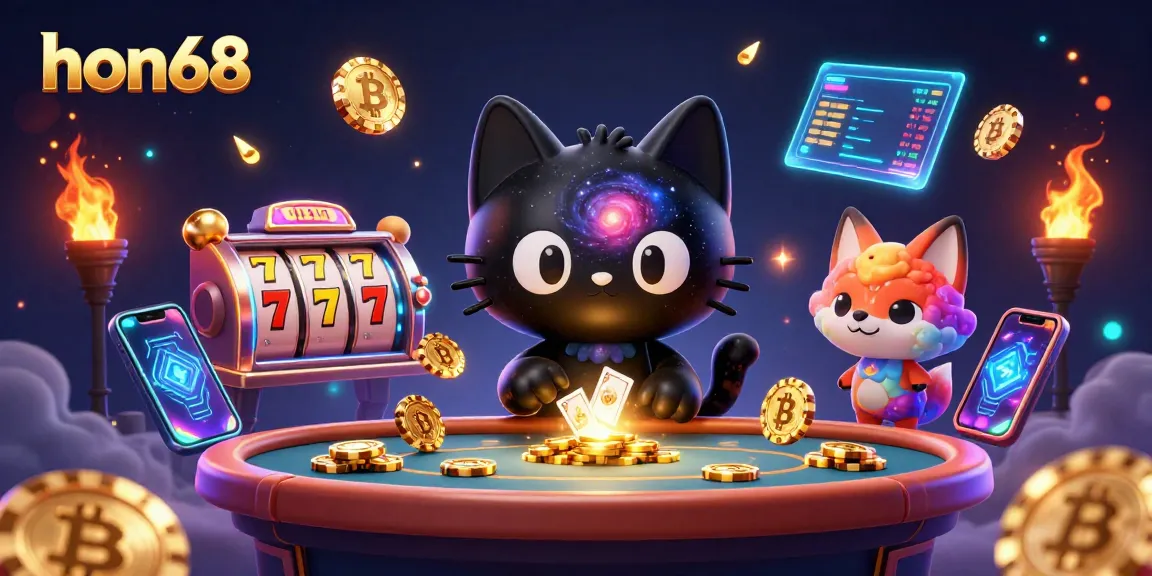 Win big at hon68's cosmic casino with a swirling black hole cat and exciting slot reels!