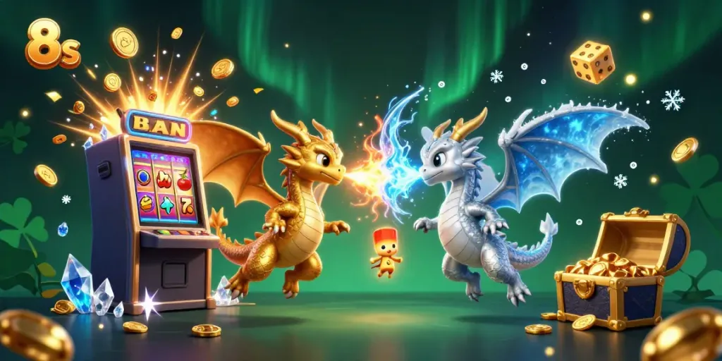 Experience winning excitement at 8s with dragons, slot machines, and treasure in a vibrant casino scene.