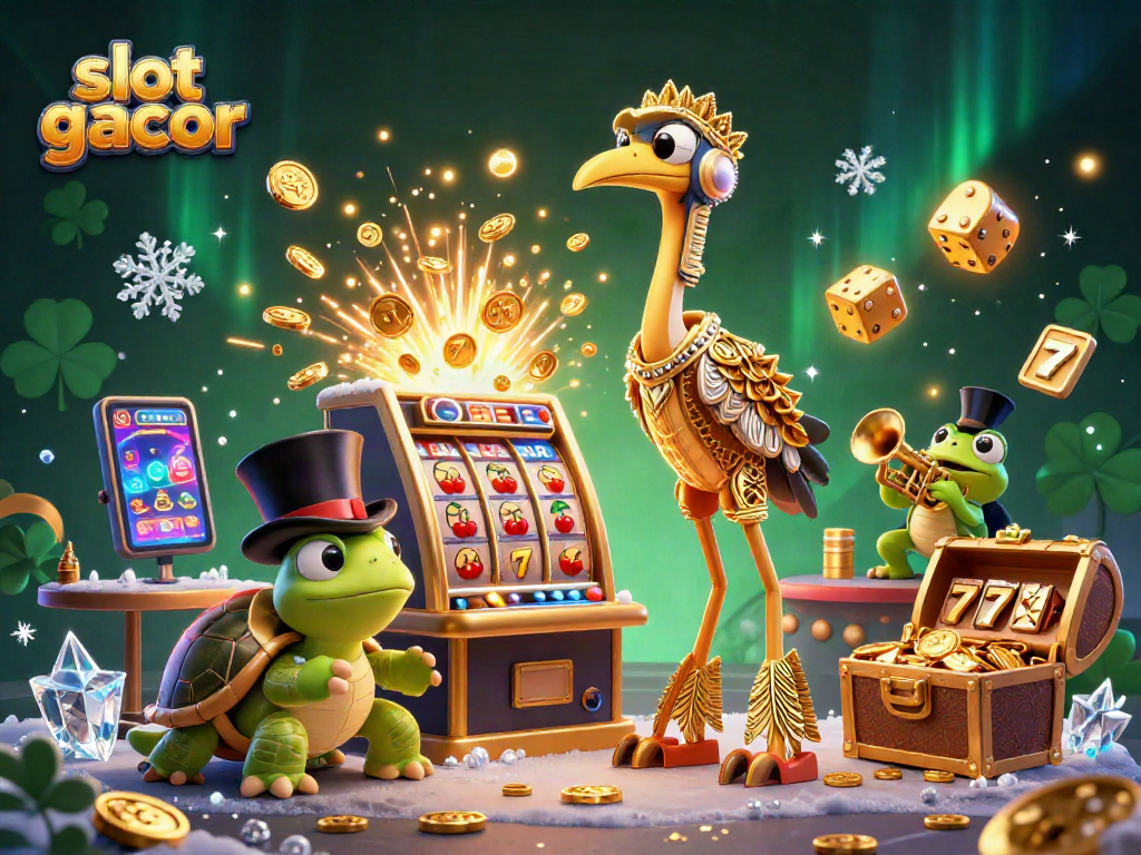Experience slot gacor excitement with a 3D casino scene featuring vibrant characters and jackpot elements.