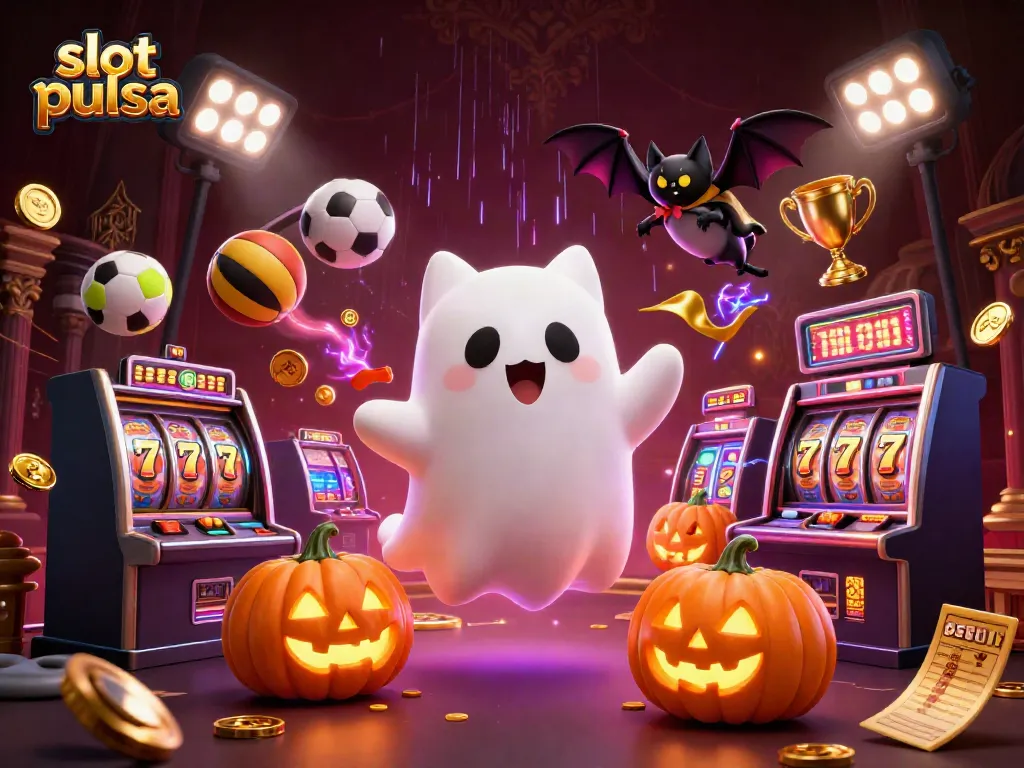 Engage in slot pulsa action with a floating ghost cat and dynamic sports elements in a casino setting.