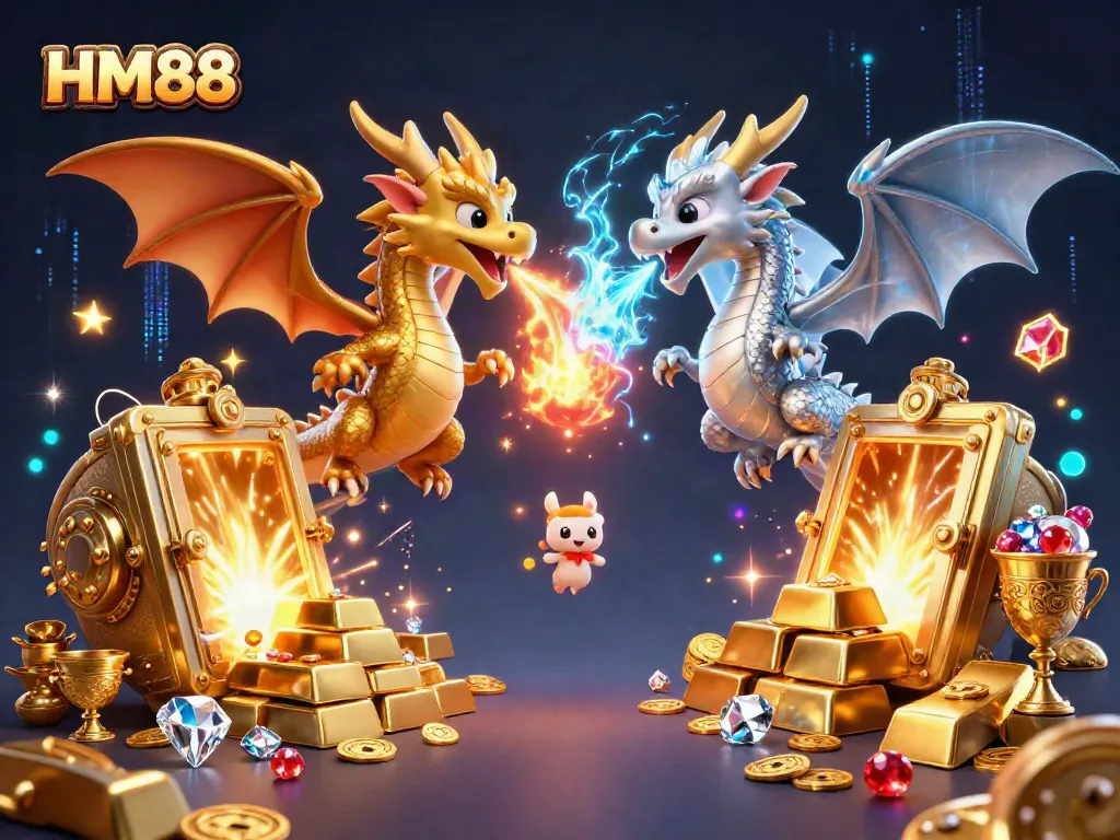 Spin to win at HM88 with gold and silver dragons creating a thrilling casino scene.