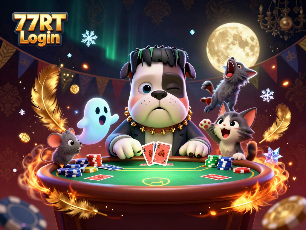 Engage in thrilling poker action with 77RT Login featuring a unique illustration of a Frankenstein bulldog dealer.
