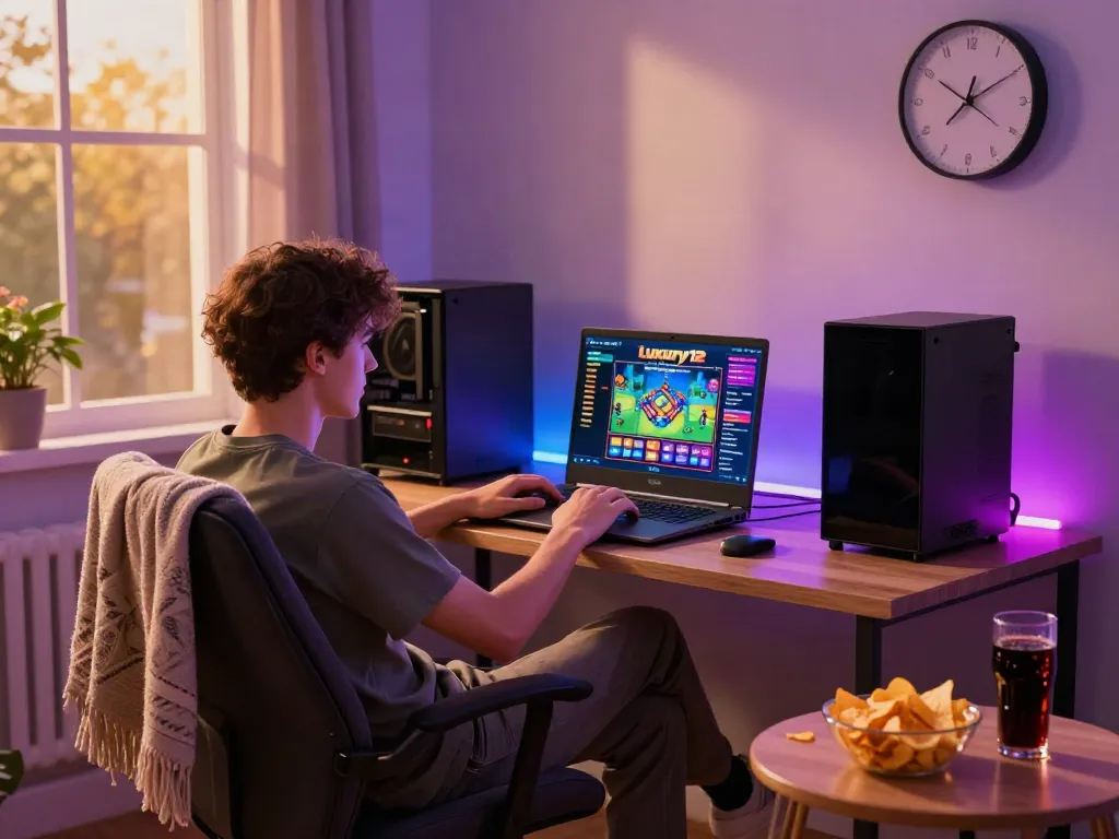 Player enjoying luxury12 slots at home with cozy setup and snacks.