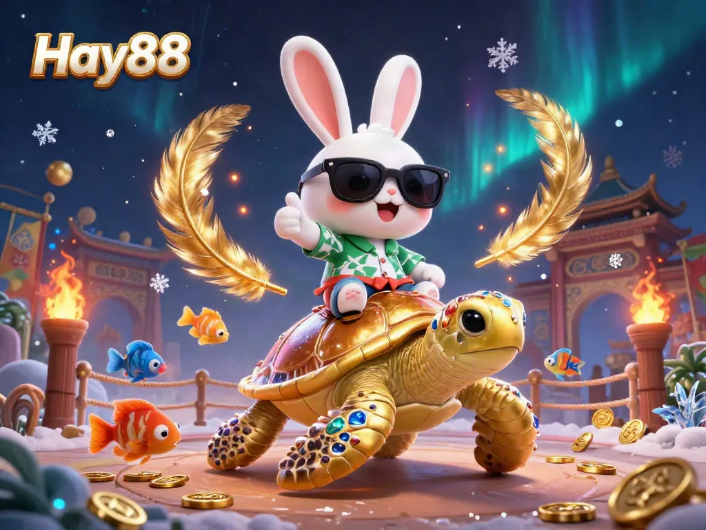 Experience the vibrant world of Hay88 with an adorable lucky rabbit and a golden sea turtle in an enchanting casino adventure.