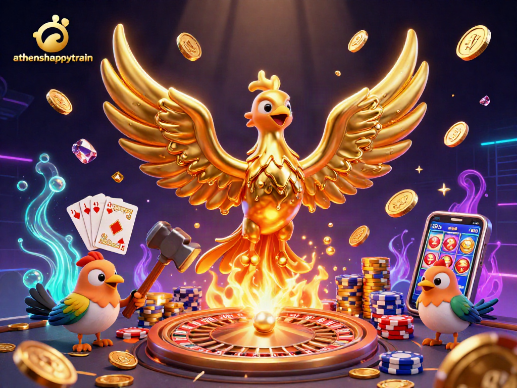 Athenshappytrain showcases a gaming scene with a molten golden phoenix amidst flying coins and cards.