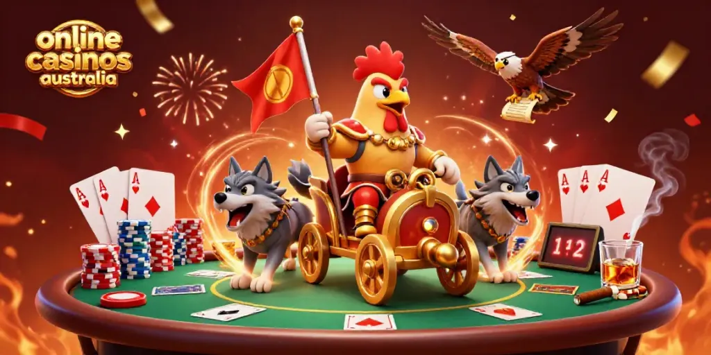 Engage with exciting online casinos Australia as a 3D rooster warlord leads the action in a vibrant gaming celebration.