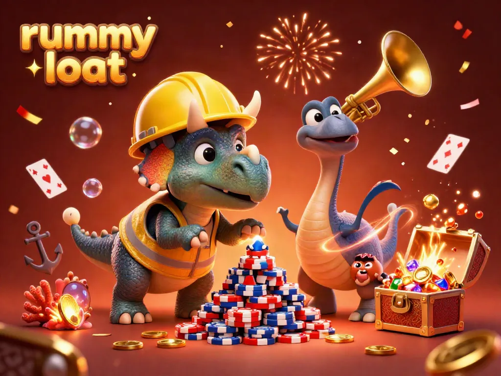 Play rummy loot amidst colorful celebrations with cheerful dino characters and poker chips in an exciting atmosphere.