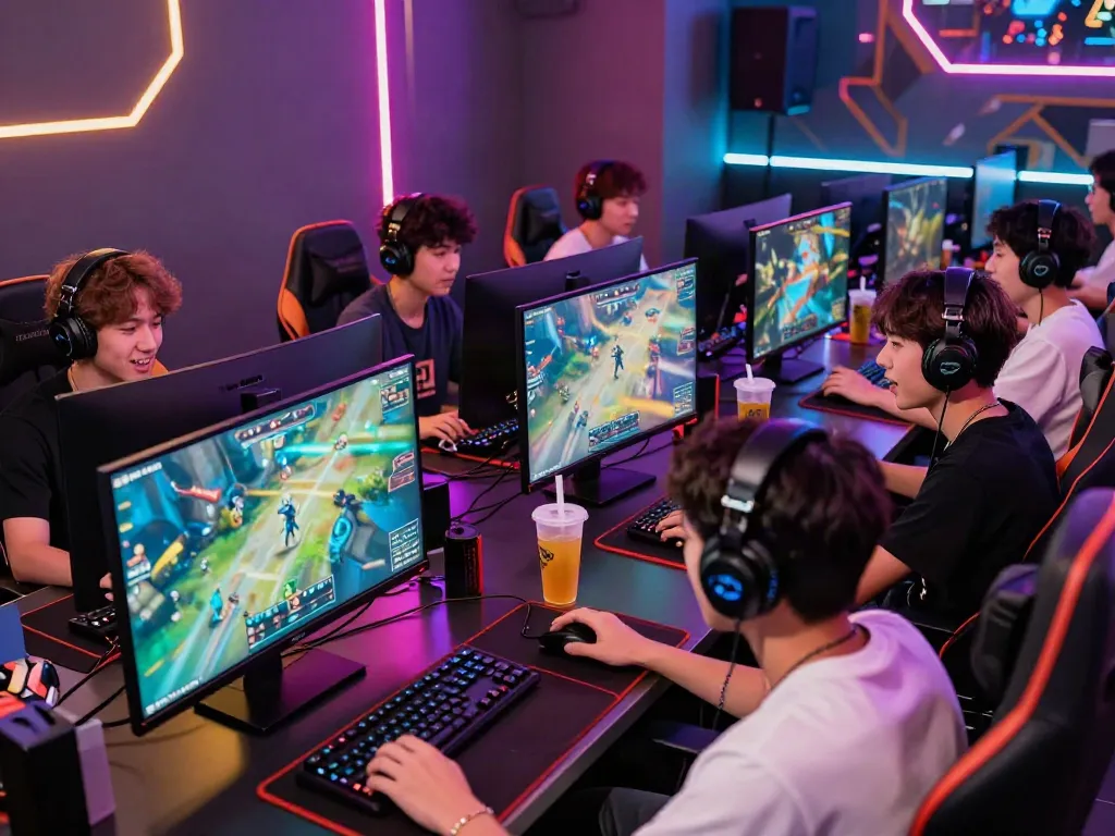 Suasana gaming di NYONYA4D dengan gamer bersemangat dan desain modern.