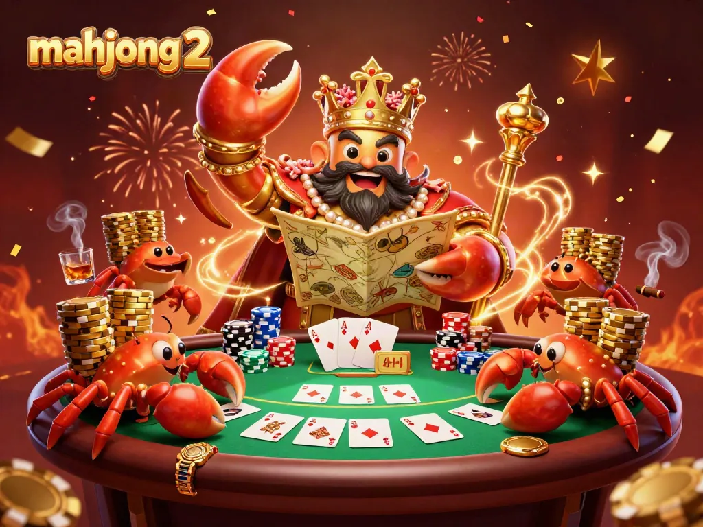 Engage in mahjong 2 excitement with a golden crab emperor and poker elements in a vibrant casino.