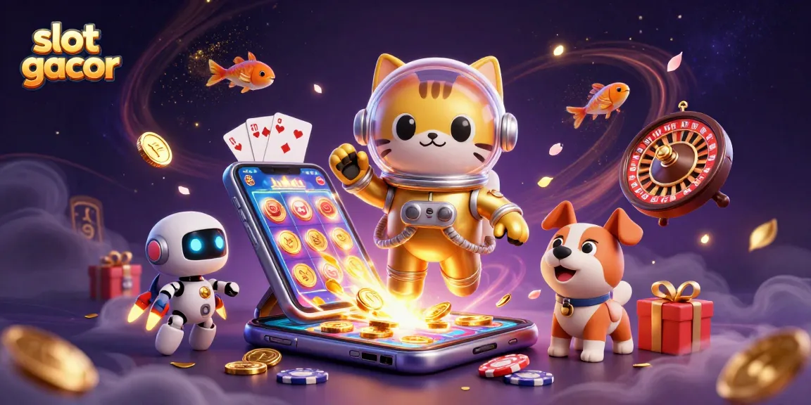 Experience the thrill with slot gacor as a space cat and robot dog explore a vibrant cosmic casino.