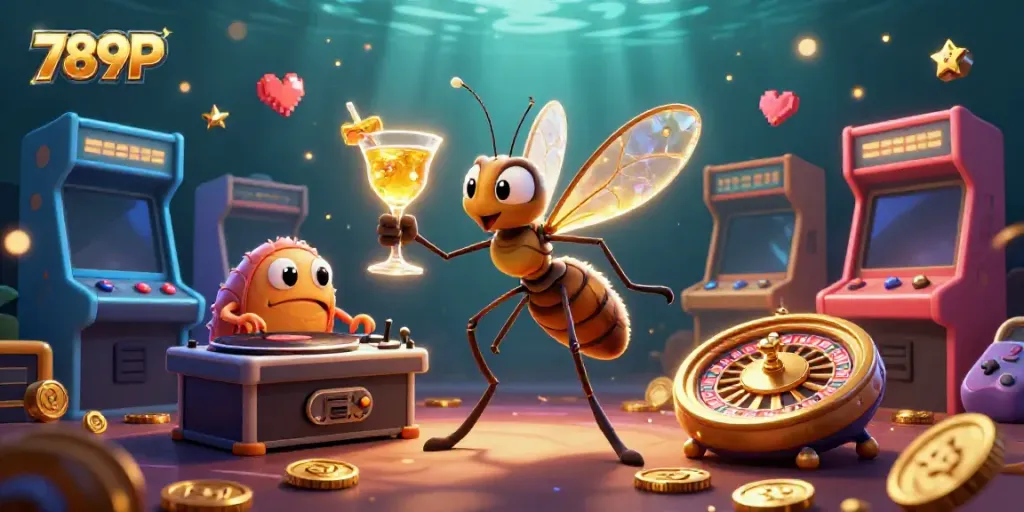 Engage in the vibrant world of 789P casino, featuring a dynamic 3D scene with a frozen mosquito mascot and exciting game elements.