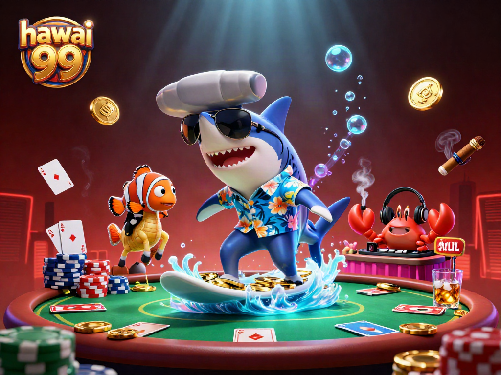 Experience the thrill of hawai 99 with vibrant characters, poker elements, and underwater casino fun.
