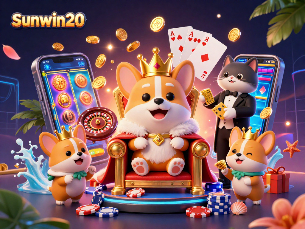 Play thrilling casino games with sunwin20, featuring a royal corgi amidst vibrant slot reels and golden coins.