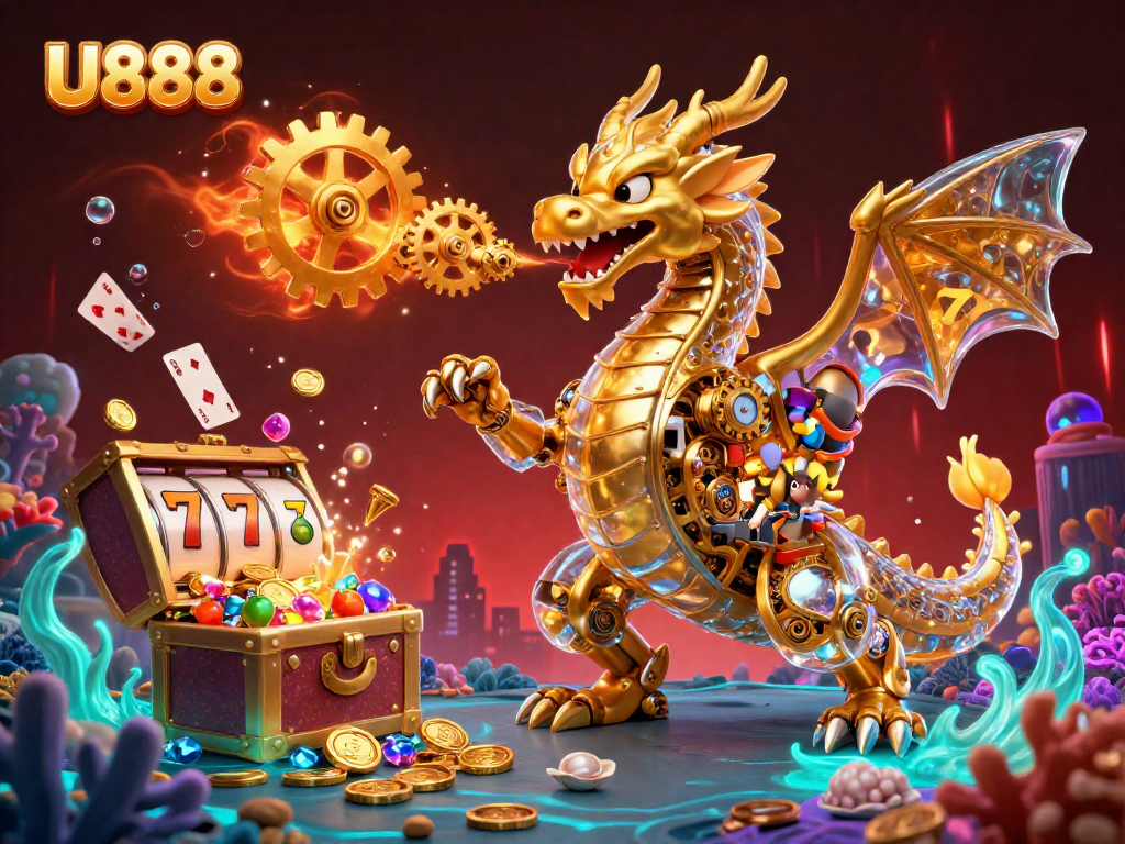 Engage in U888's thrilling gaming experience filled with vibrant slot reels and dynamic golden treasures.
