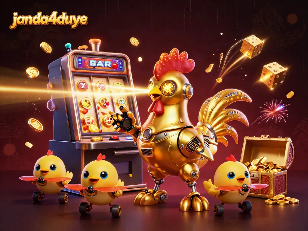 Janda4duye menampilkan robot ayam emas futuristik yang mengukir pola keemasan di kasino virtual.