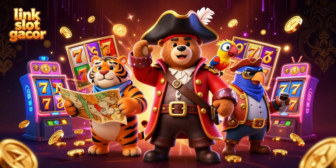 Mengakses link slot gacor dengan beragam permainan slot dan karakter kartun yang menarik di latar belakang.