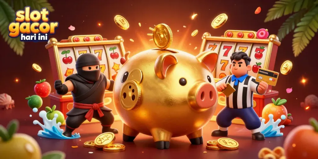 Memenangkan slot gacor hari ini dengan ilustrasi kartun yang penuh aksi dan simbol perjudian.