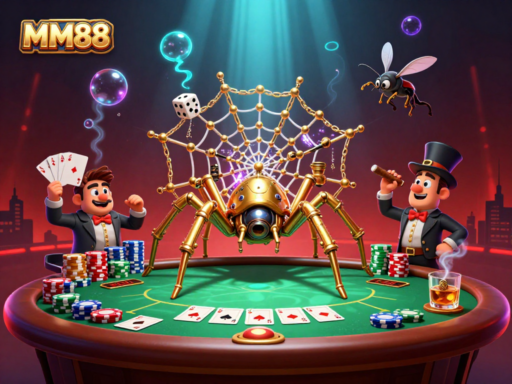 Experience the thrill of MM88 with a captivating steampunk casino scene featuring golden elements and poker excitement.