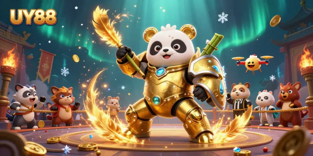Engage with UY88's vibrant casino arena featuring a panda mech-bot and cheering animals.