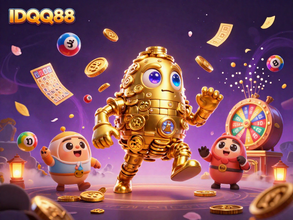 Experience the excitement of IDQQ88 with a dynamic 3D casino scene filled with vibrant lottery elements.