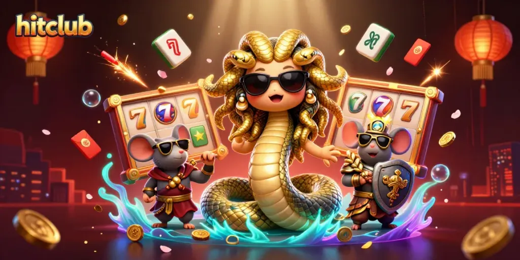 Hitclub illustration featuring 3D slots bursting with energy and colorful wins in a vibrant casino scene.