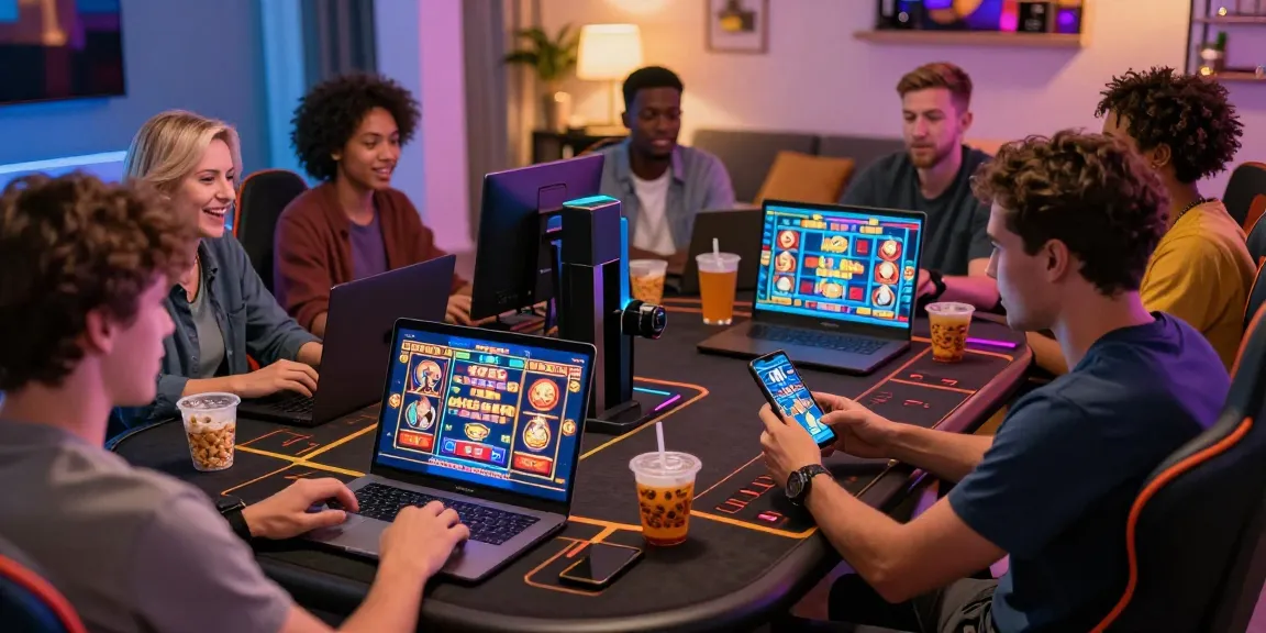Players utilizing the NX303 platform engaging in thrilling slot games on multiple devices in a vibrant gaming environment.