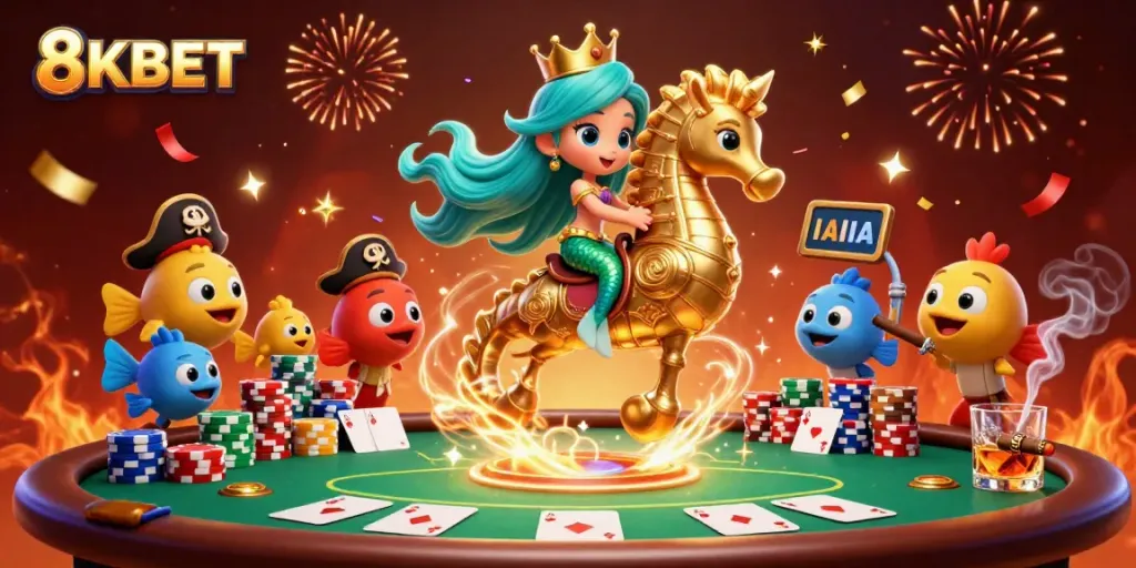 Engage with 8KBET's thrilling online casino experience, featuring vibrant mermaid characters.
