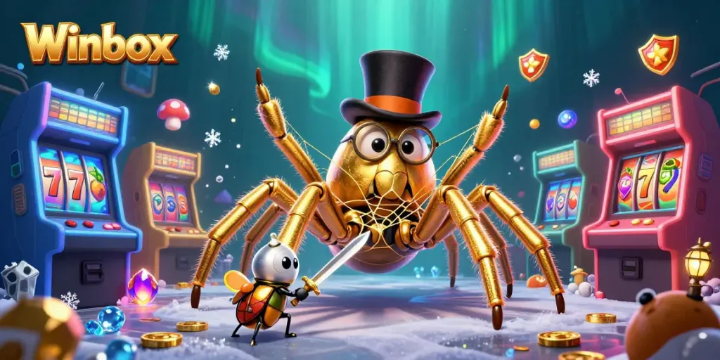 Winbox showcases a vibrant casino adventure with golden tarantula and knight, capturing excitement.