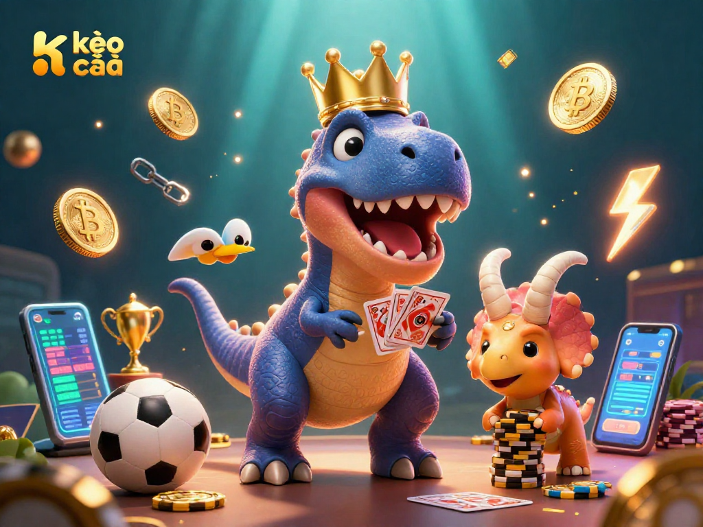 Engage in sports betting excitement with kèo nhà cái as T-Rex and friends shuffle cards and stack chips.
