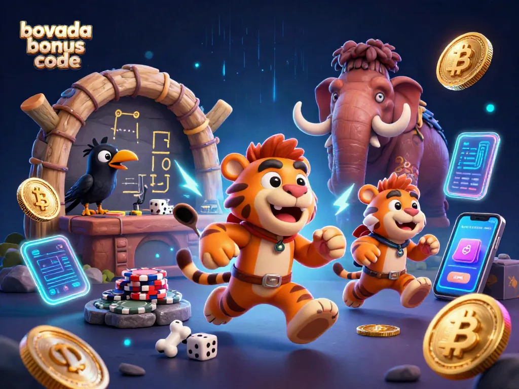 Experience the thrill of gaming with Bovada bonus code in a vibrant prehistoric casino scene featuring a caveman duo.