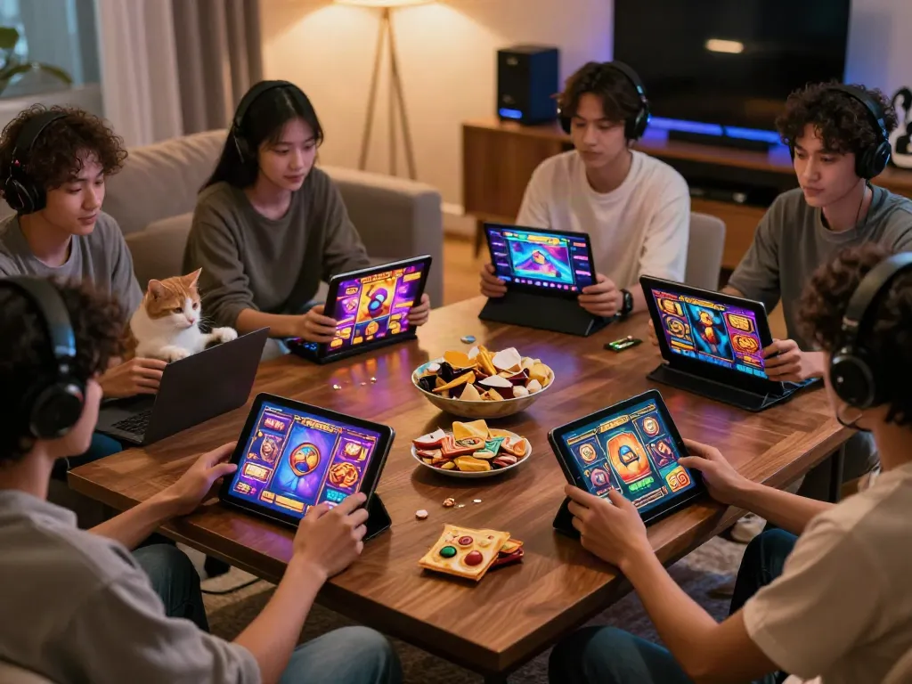 Exciting slot gaming scene with players using different devices in a cozy setting.