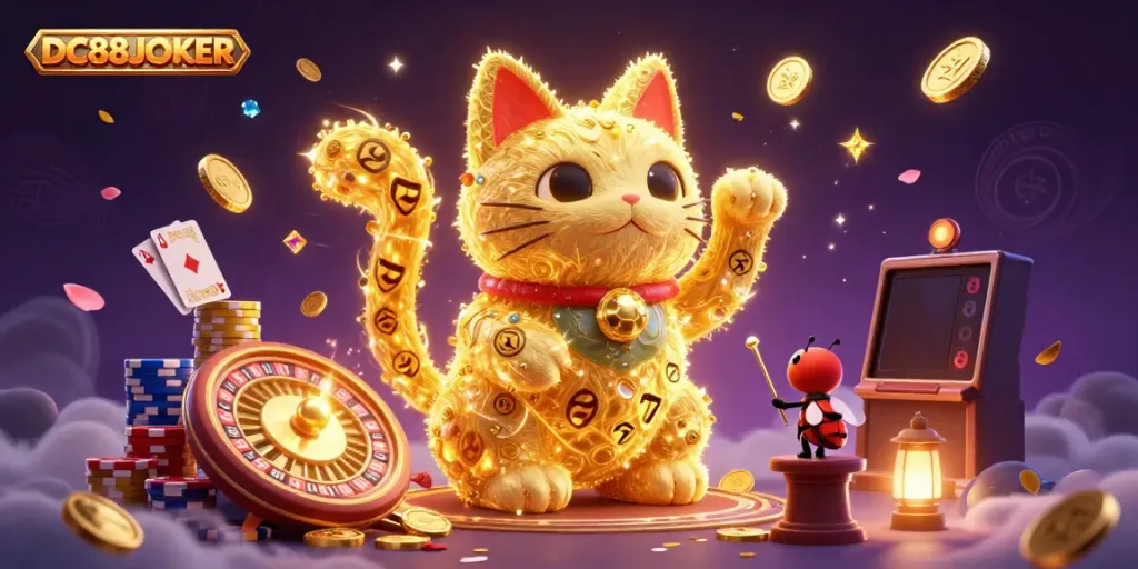 Experience the excitement of DC88JOKER with golden fireflies forming a lucky cat amidst casino symbols.